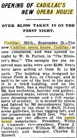 Cadillac Opera House - SEP 1901 OPENING ARTICLE